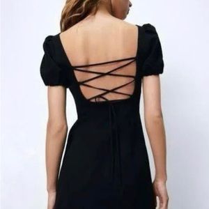 ZARA Linen Blend Puff Sleeve Tie Open Back Mini Dress Black Medium